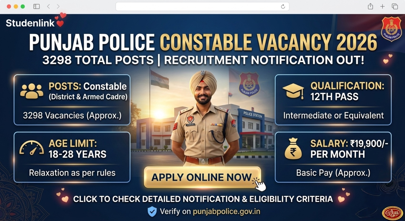 Punjab Police Constable Vacancy 2026 3298 Posts Notification Apply Online